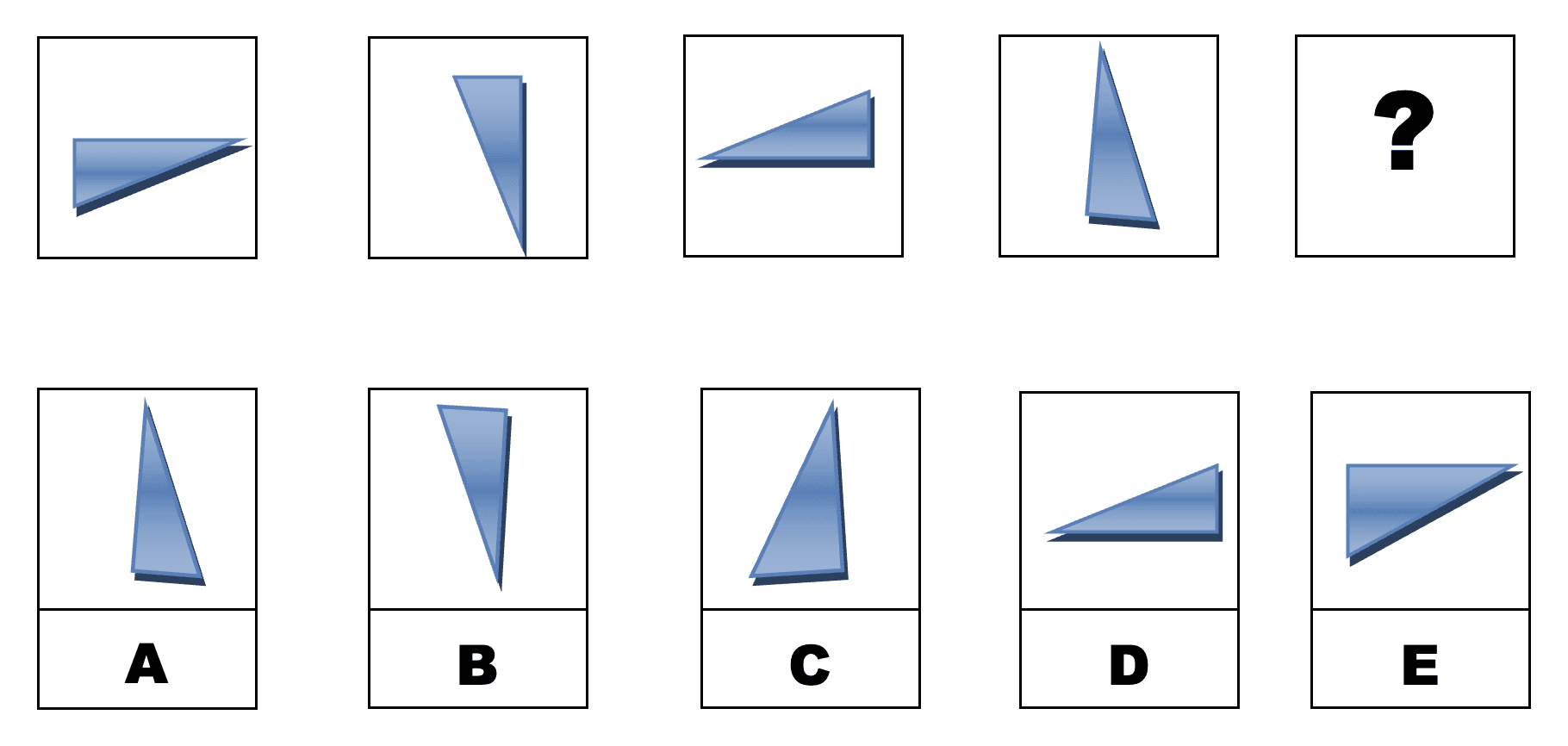Spatial reasoning practice question example showing four 3D figures with one rotated odd-one-out for mental rotation training